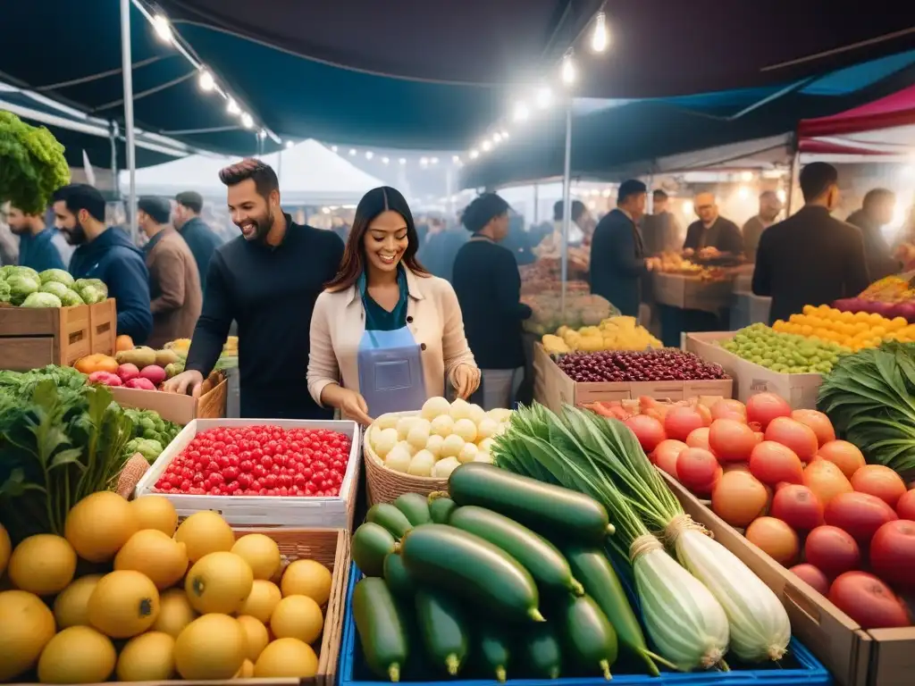 Un mercado lleno de vida con ingredientes para una cocina vegana sostenible inspirada