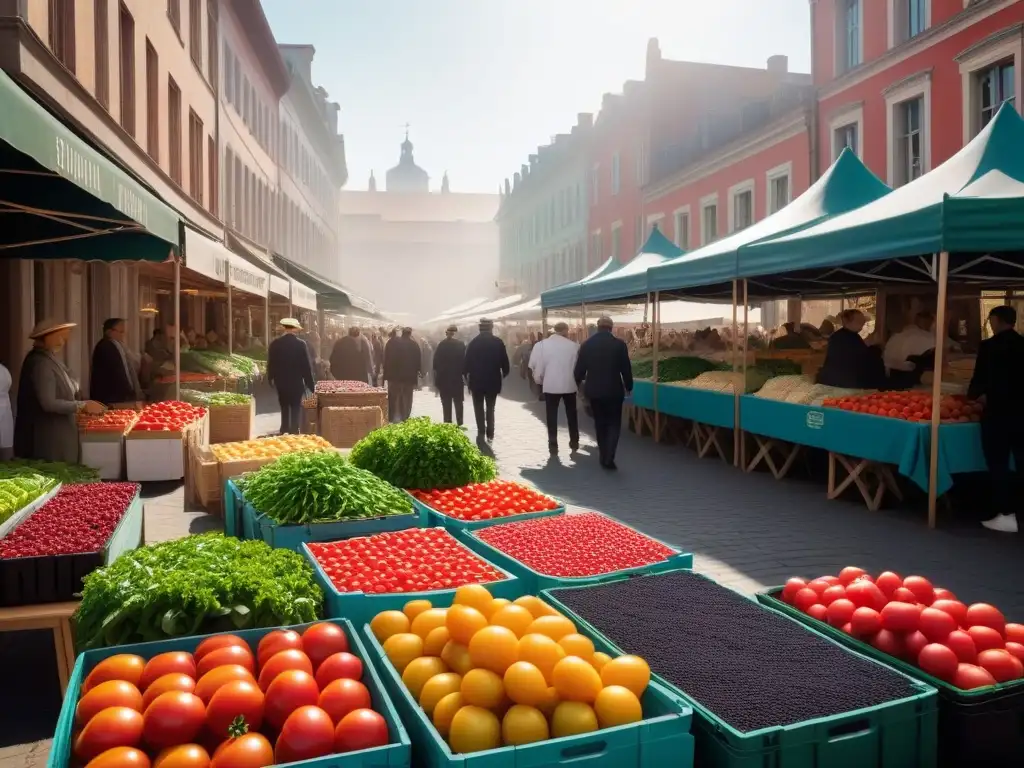 Un mercado lleno de vida con productos frescos y coloridos, clientes diversos y charlas animadas bajo el sol