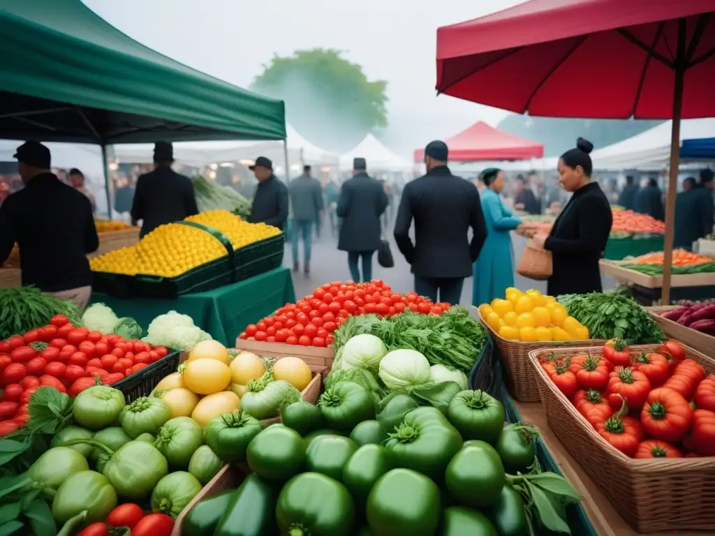 Un mercado lleno de vida con productos frescos y coloridos, reflejo de la gastronomía vegana en plataformas digitales