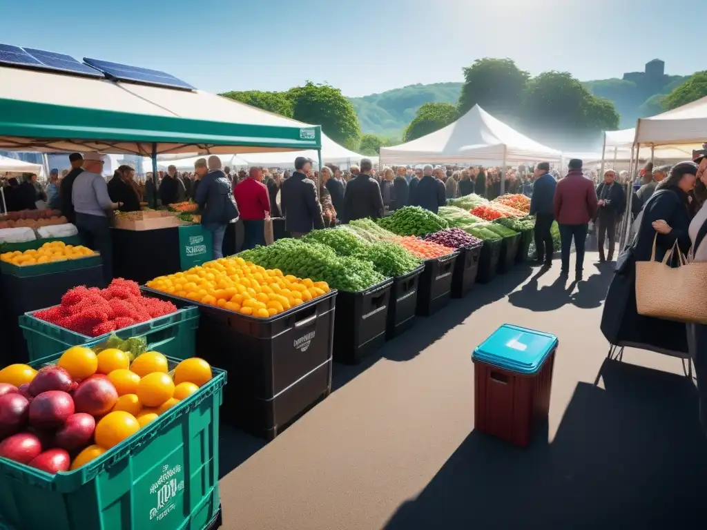 Un mercado lleno de vida con productos orgánicos y alimentos veganos, destacando la energía renovable