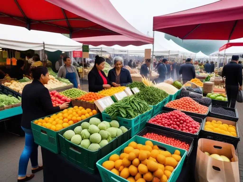 Un mercado lleno de vida con productos orgánicos y locales, reduciendo la huella de carbono en la cocina vegana