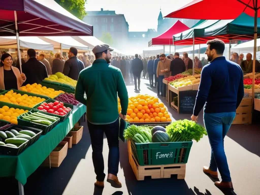 Un mercado lleno de vida con puestos de productos frescos y coloridos