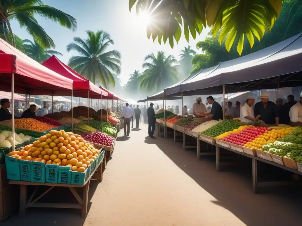 Un mercado local bullicioso en un entorno tropical, con ingredientes exóticos y vibrantes colores