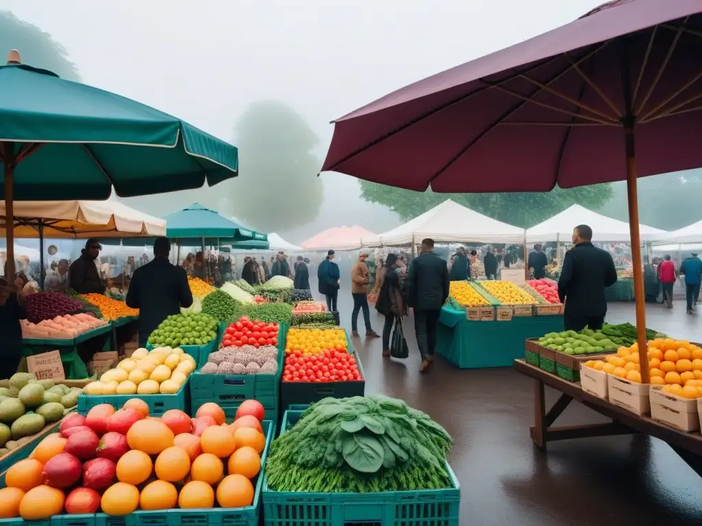 Un mercado local bullicioso con frutas y verduras coloridas, gente diversa conversando y haciendo transacciones, bajo un toldo vibrante