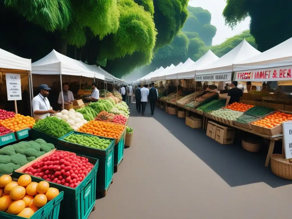 Un mercado local bullicioso con puestos de frutas y verduras orgánicas, clientes y vendedores animados en conversaciones