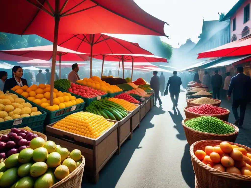 Un mercado local vibrante y bullicioso en un país extranjero, con frutas, verduras y granos coloridos