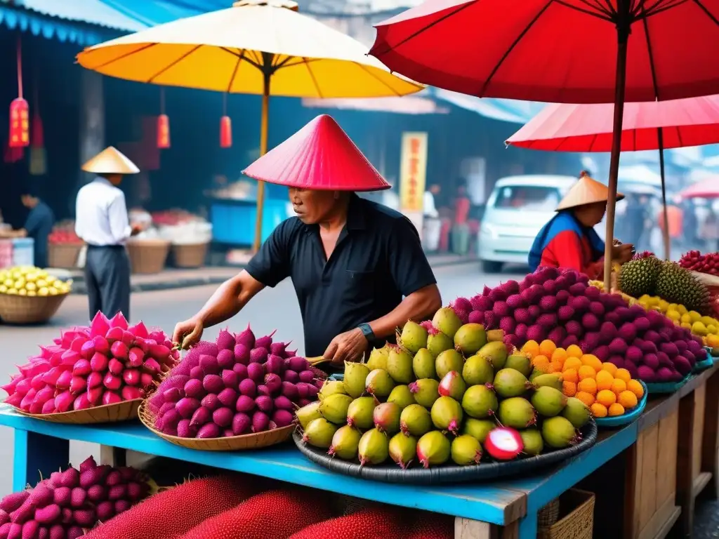 Un mercado matutino vibrante y bullicioso en Vietnam con puestos coloridos rebosantes de frutas exóticas