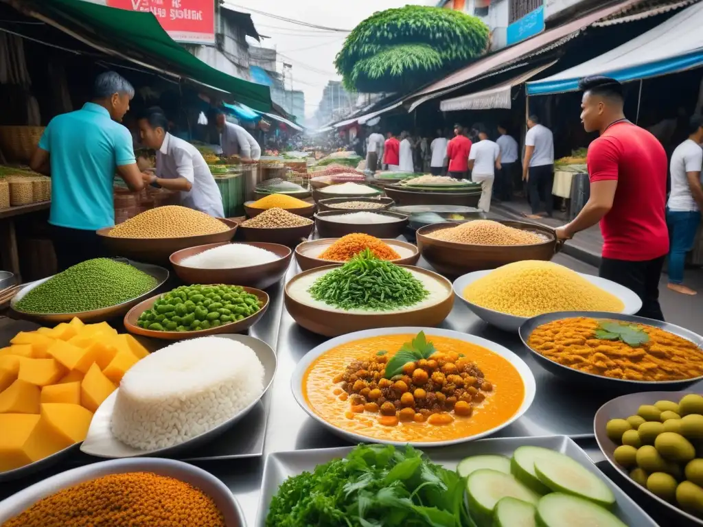 Un mercado matutino vibrante en Bangkok con desayunos veganos alrededor mundo