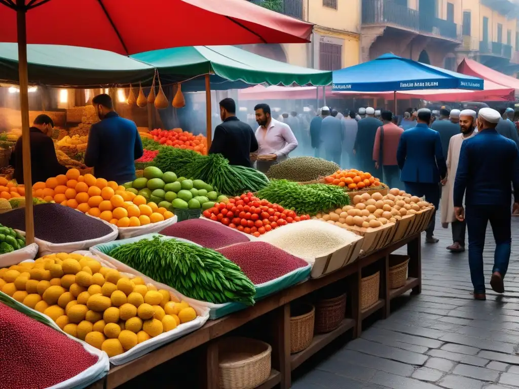 Un mercado medioriental bullicioso lleno de ingredientes locales para cocina vegana, vibrante y auténtico