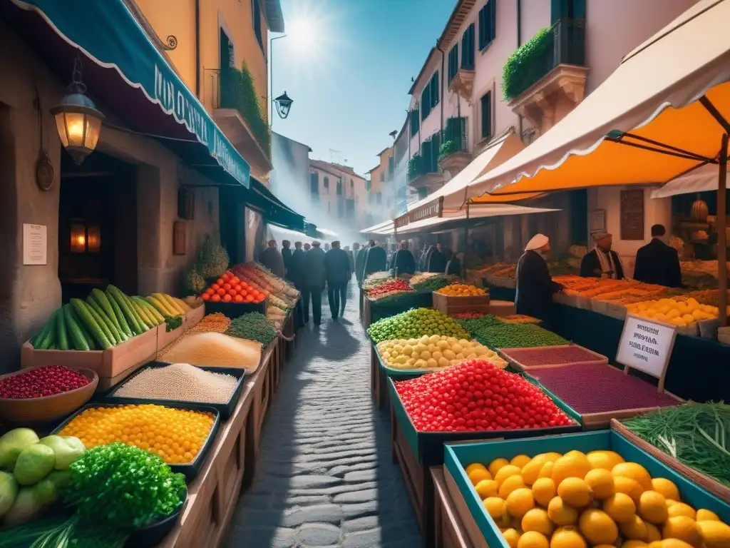 Un mercado mediterráneo bullicioso y colorido, repleto de ingredientes frescos para cocina vegana con influencia mediterránea