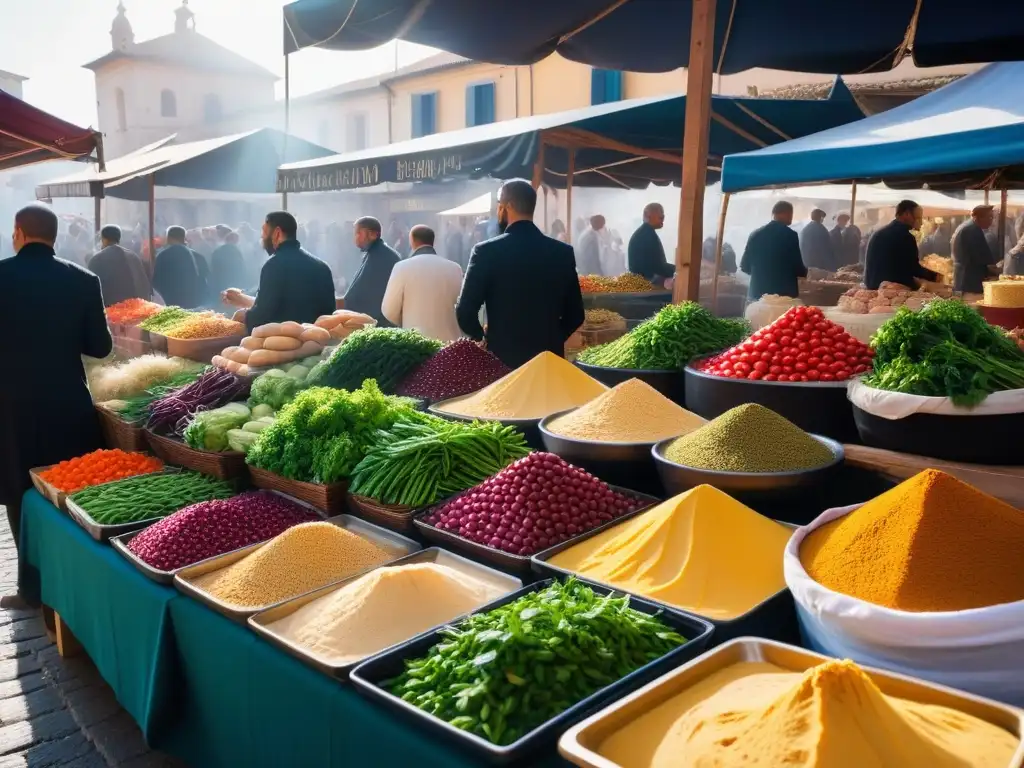 Un mercado mediterráneo vibrante con ingredientes frescos para hummus vegano receta Mediterráneo