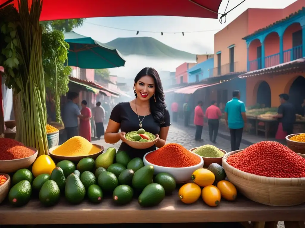 Mercado mexicano lleno de vida con productos veganos frescos