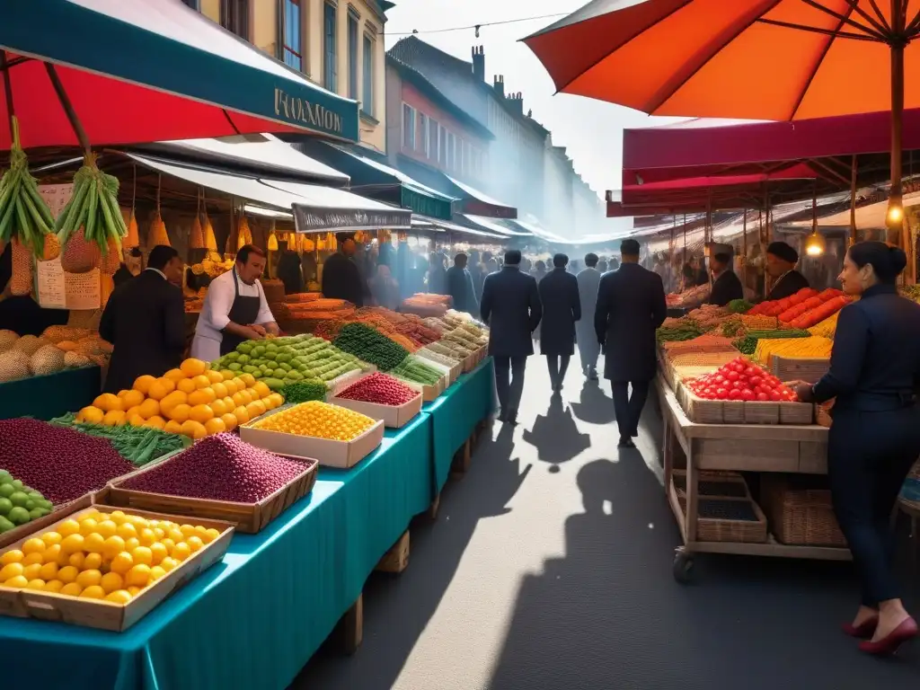 Un mercado multicultural rebosante de vida y colores, fusionando tradiciones culinarias en platos veganos