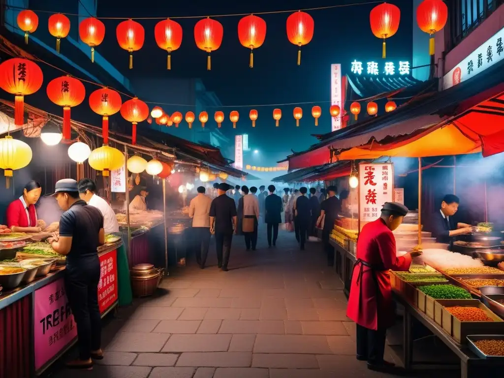 Un mercado nocturno asiático bullicioso, con puestos de comida vegana y clientes diversos