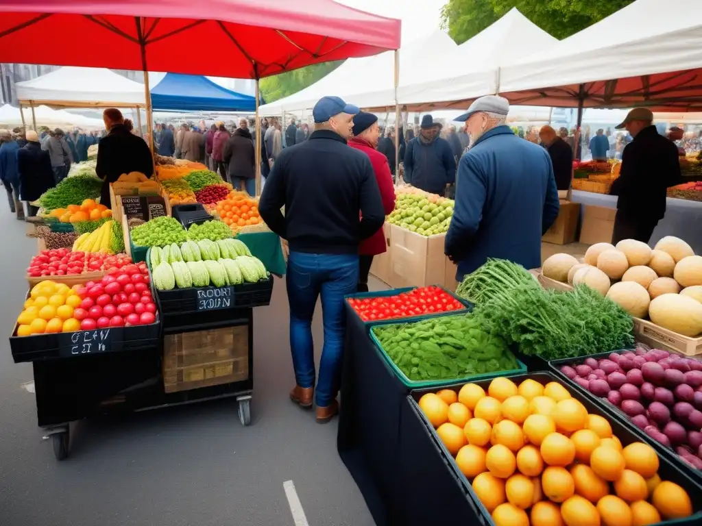 Un mercado orgánico bullicioso y colorido con productos frescos y vendedores atendiendo a clientes