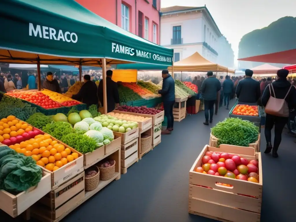 Un mercado orgánico vibrante con frutas y verduras coloridas, gente diversa y un ambiente cálido