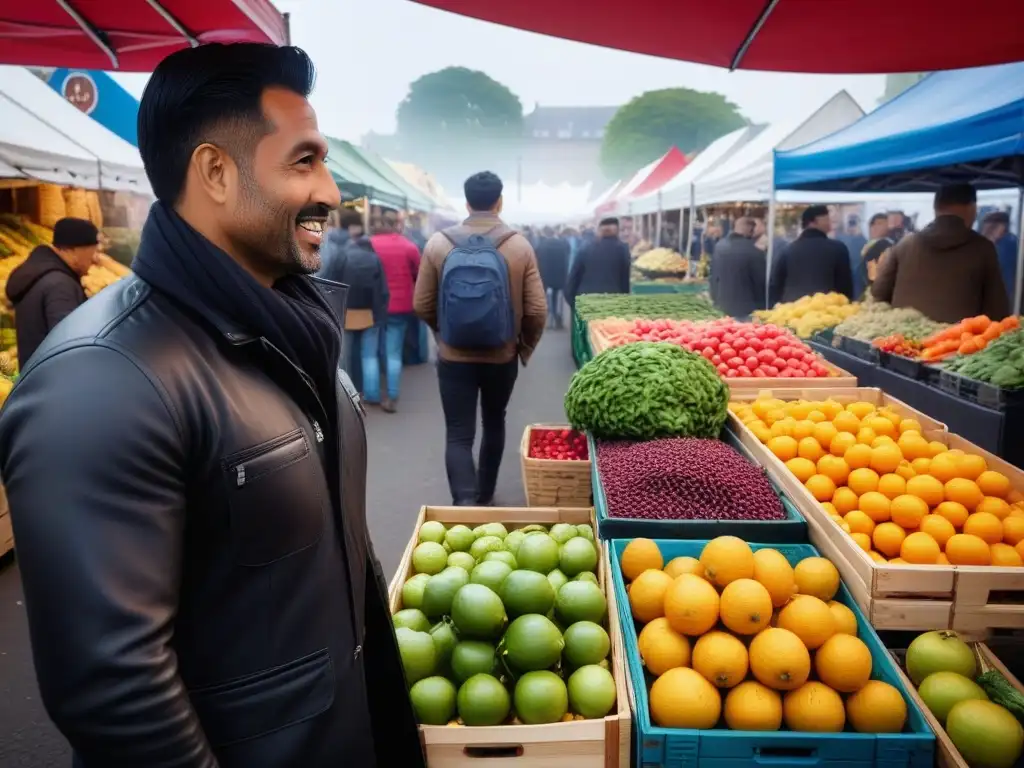 Mercado orgánico vibrante con productos veganos y diversidad, reflejando un estilo de vida sostenible