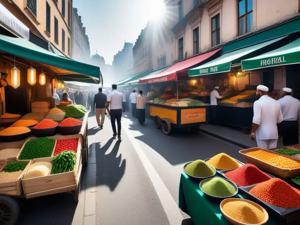 Un mercado de Medio Oriente lleno de vida y color, con puestos rebosantes de vegetales frescos y delicias veganas