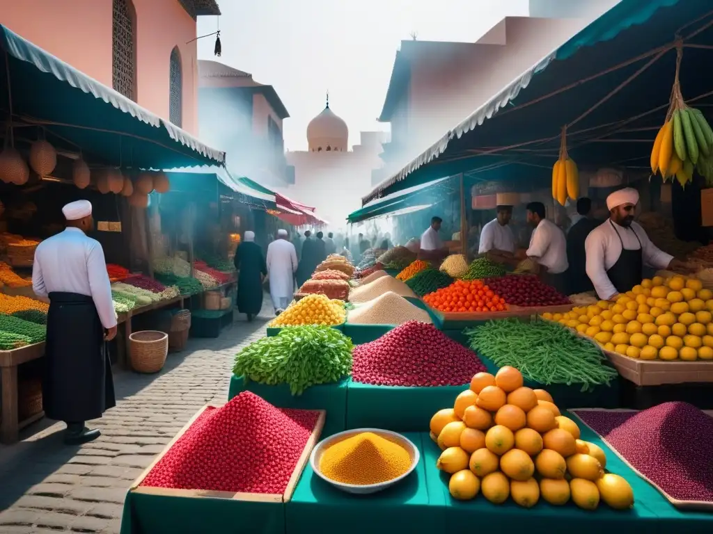 Un mercado del Medio Oriente vibrante y bullicioso con ingredientes para recetas tradicionales veganas