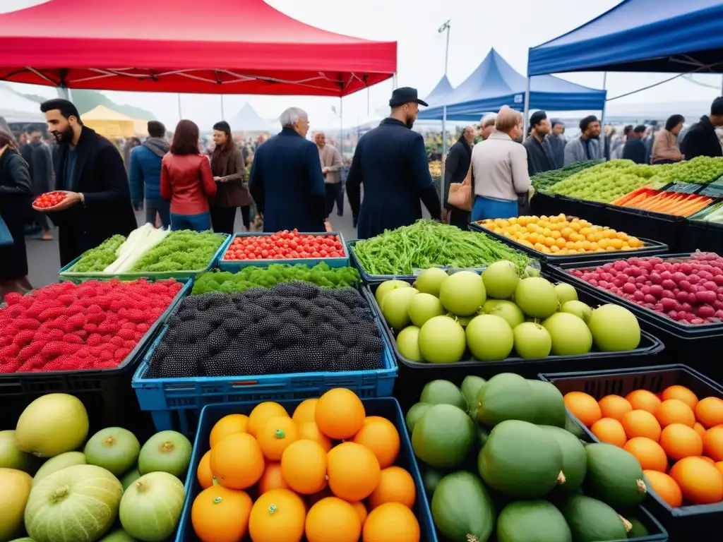 Un mercado agrícola con personas de todas las edades seleccionando frutas y verduras orgánicas, promoviendo la dieta vegana para diabetes