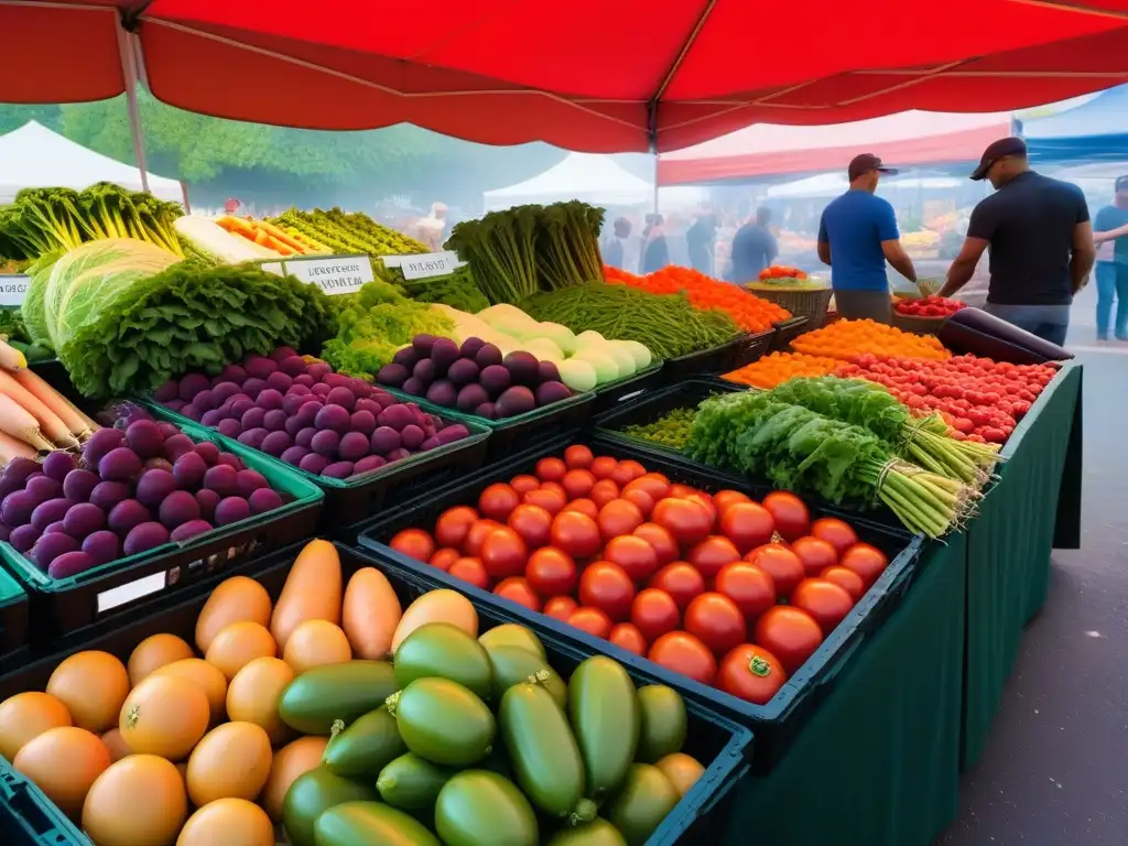 Un mercado rebosante de ingredientes frescos: tomates rojos, lechuga verde, zanahorias naranjas y berenjenas moradas