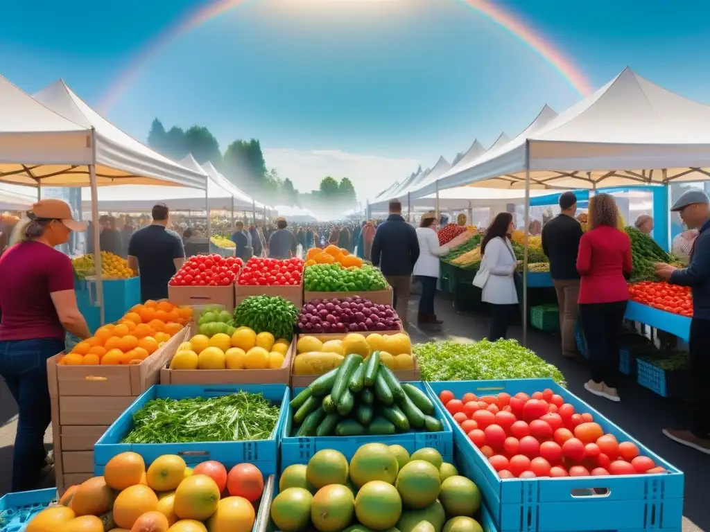 Mercado sostenible con frutas y verduras orgánicas, clientes veganos y vendedores