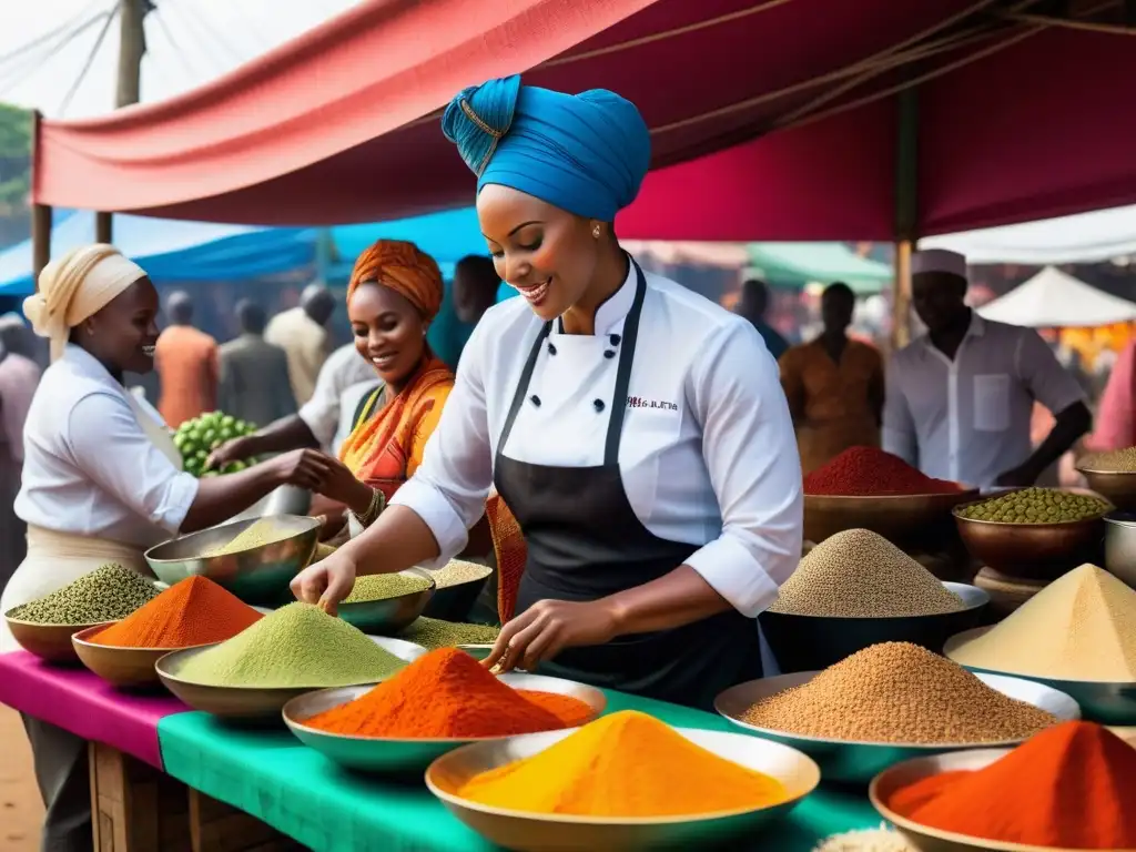 Un mercado swahili bullicioso y colorido con recetas veganas cocina swahili, mujeres en kanga y aromas exóticos