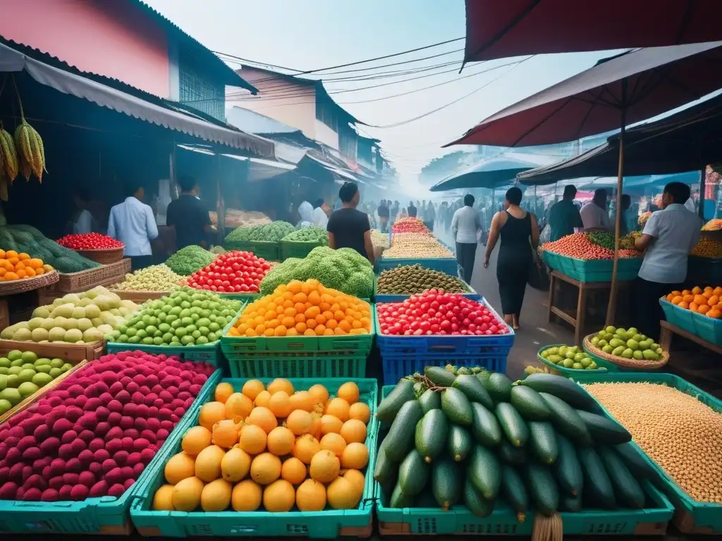 Un mercado tailandés vibrante y colorido con frutas y verduras exóticas, reflejando la diversidad de sabores para recetas veganas internacionales apps