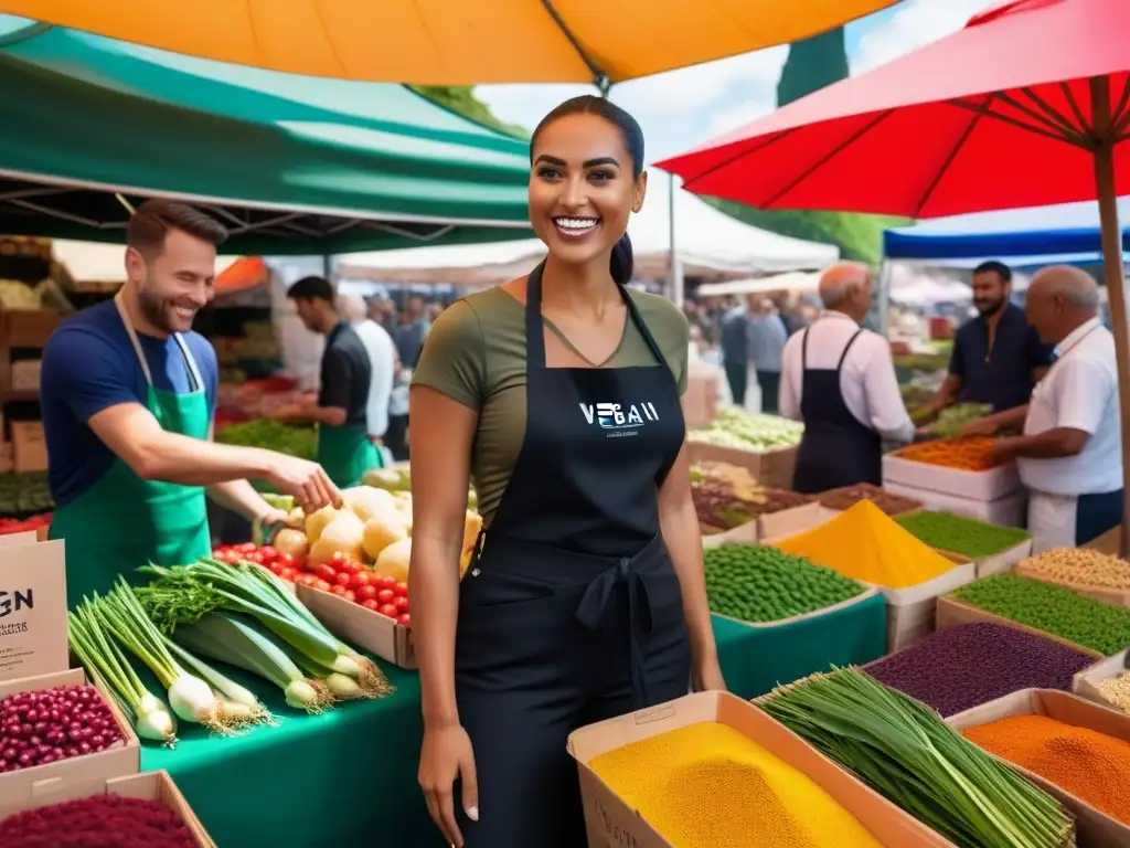 Un mercado tradicional bullicioso con emprendedores veganos sonrientes, productos vegetales y herramientas innovadoras