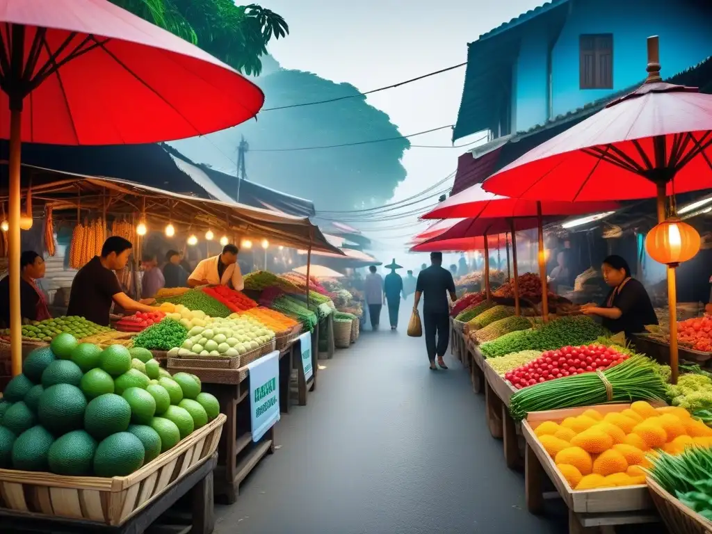 Un mercado tradicional bullicioso en Tailandia, con puestos de frutas frescas y verduras, bajo sombrillas coloridas