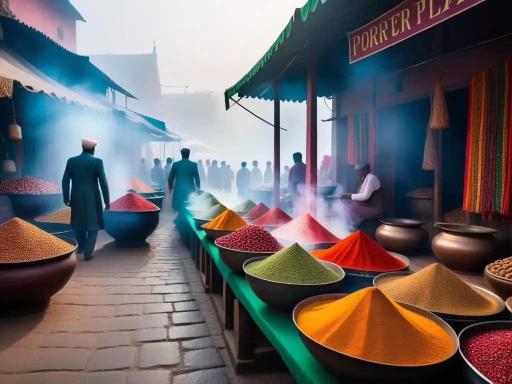 Un mercado tradicional indio con vendedores de especias, colores vibrantes y humo aromático de ollas de chai