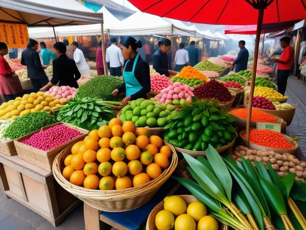 Mercado tradicional vibrante del Sudeste Asiático con recetas veganas tradicionales