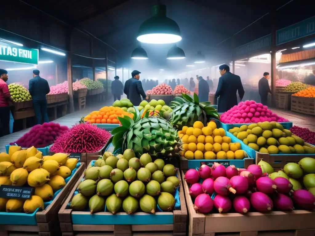 Un mercado tropical rebosante de ingredientes exóticos como pitahaya, maracuyá, lichi y carambola