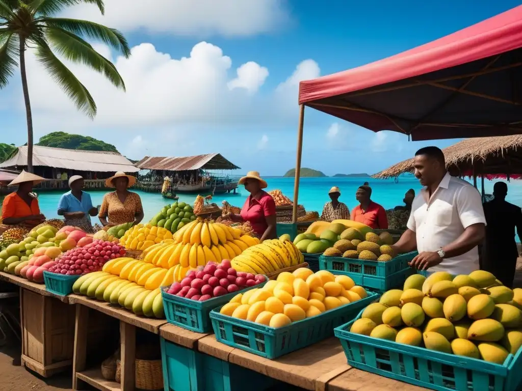 Un mercado tropical vibrante en el Caribe, lleno de sabores exóticos y frescura