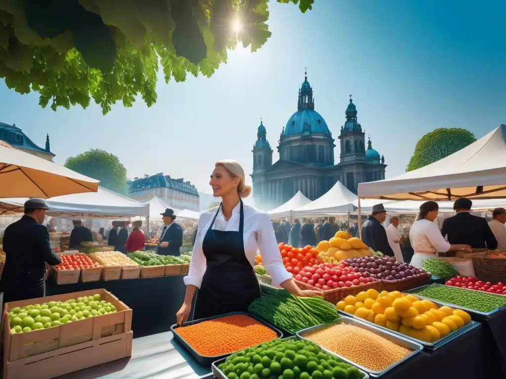 Mercado vegano al aire libre en Europa con influencia vegana en cocina mundial