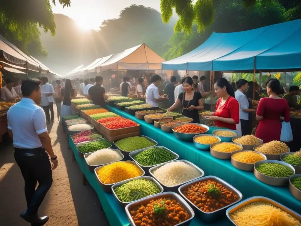 Un mercado vegano al aire libre en Tailandia con una variedad de platos plantbased, rodeado de exuberante vegetación y decoraciones tailandesas