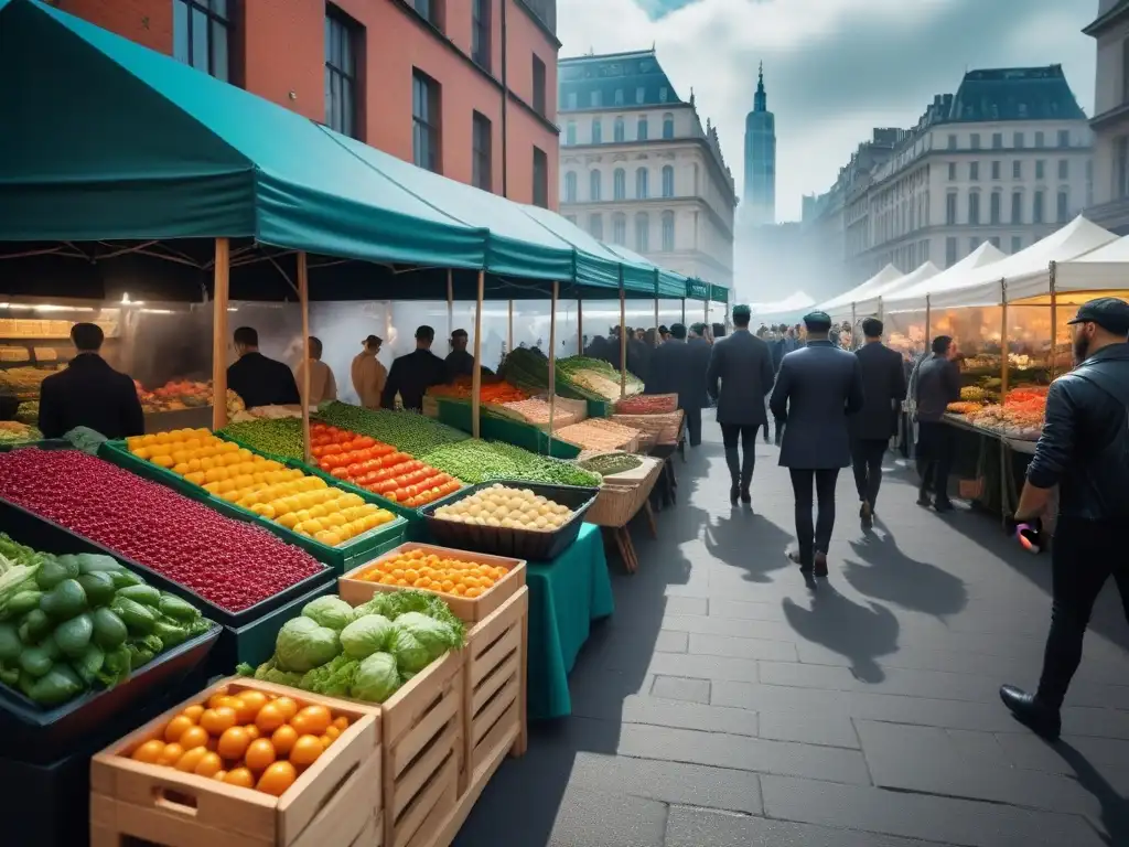 Un mercado vegano al aire libre en una ciudad vibrante, con puestos coloridos rebosantes de alimentos frescos y platillos a base de plantas