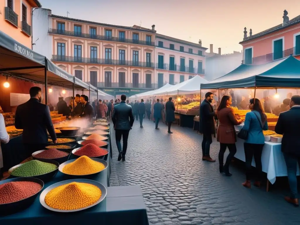 Mercado vegano al aire libre en España con delicias plantbased y arquitectura tradicional al atardecer