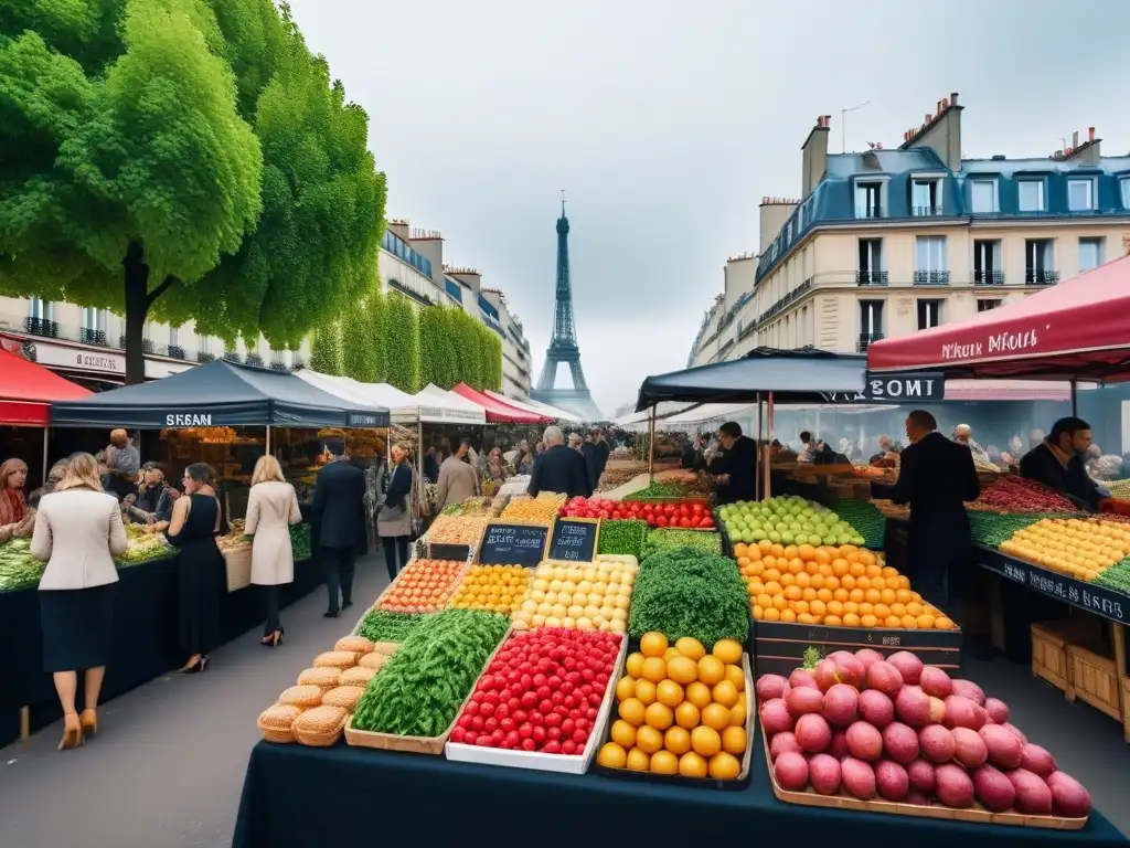 Mercado vegano vibrante en París: delicias vegetales bajo el cielo parisino Un mercado vegano al aire libre en París con una amplia variedad de alimentos frescos y coloridos
