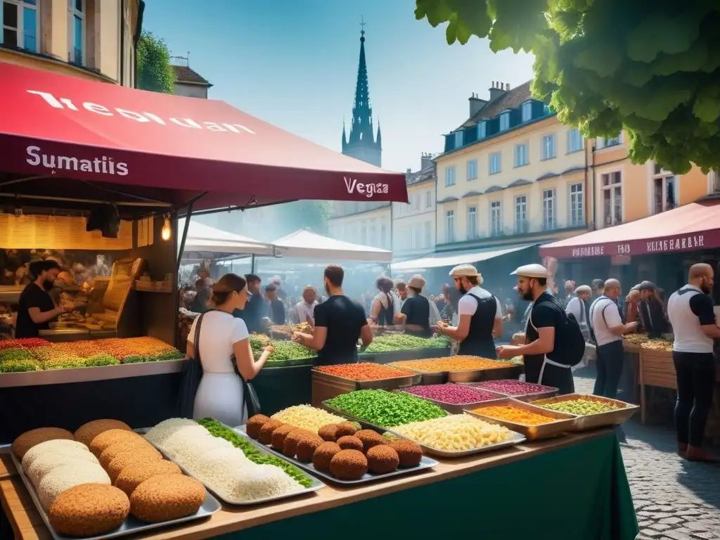 Un mercado vegano al aire libre en una ciudad europea, con puestos de comida coloridos y gente disfrutando, ideal para viajes veganos