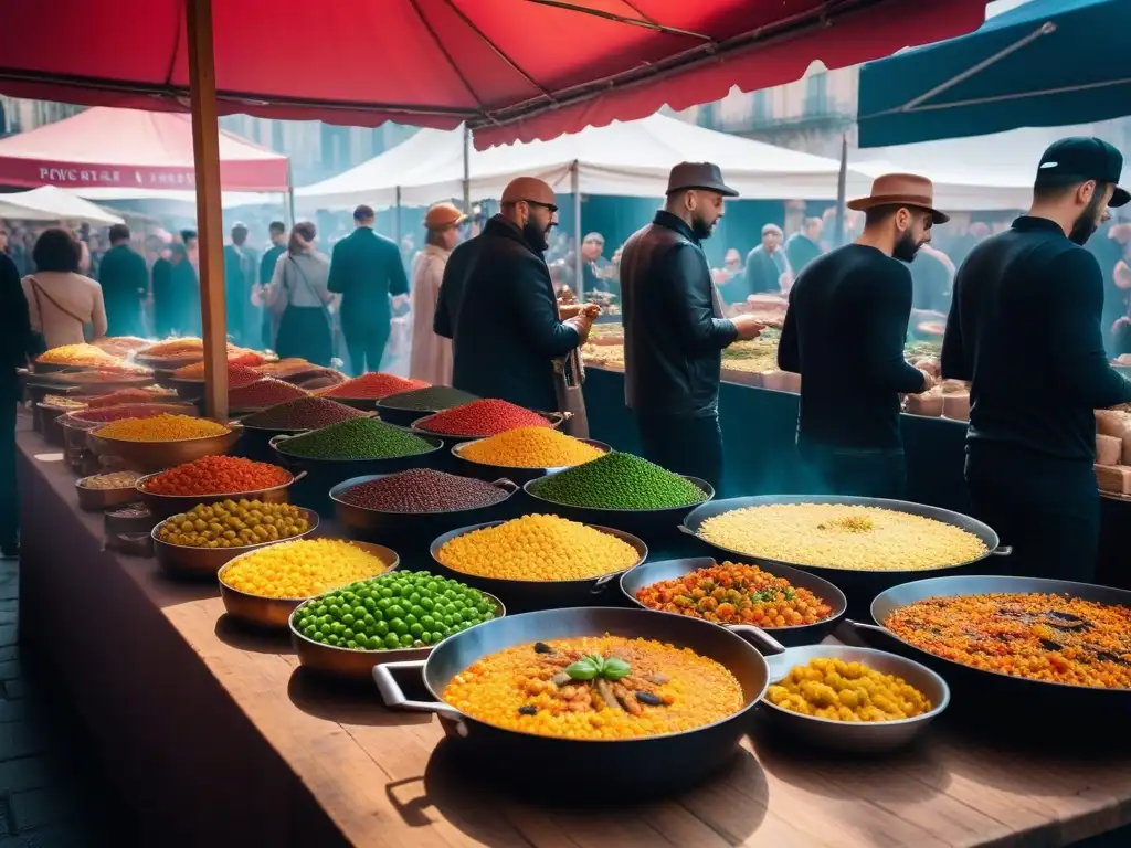 Mercado vegano al aire libre en Barcelona, vibrante y concurrido, muestra coloridos puestos de comida con platos veganos de todo el mundo