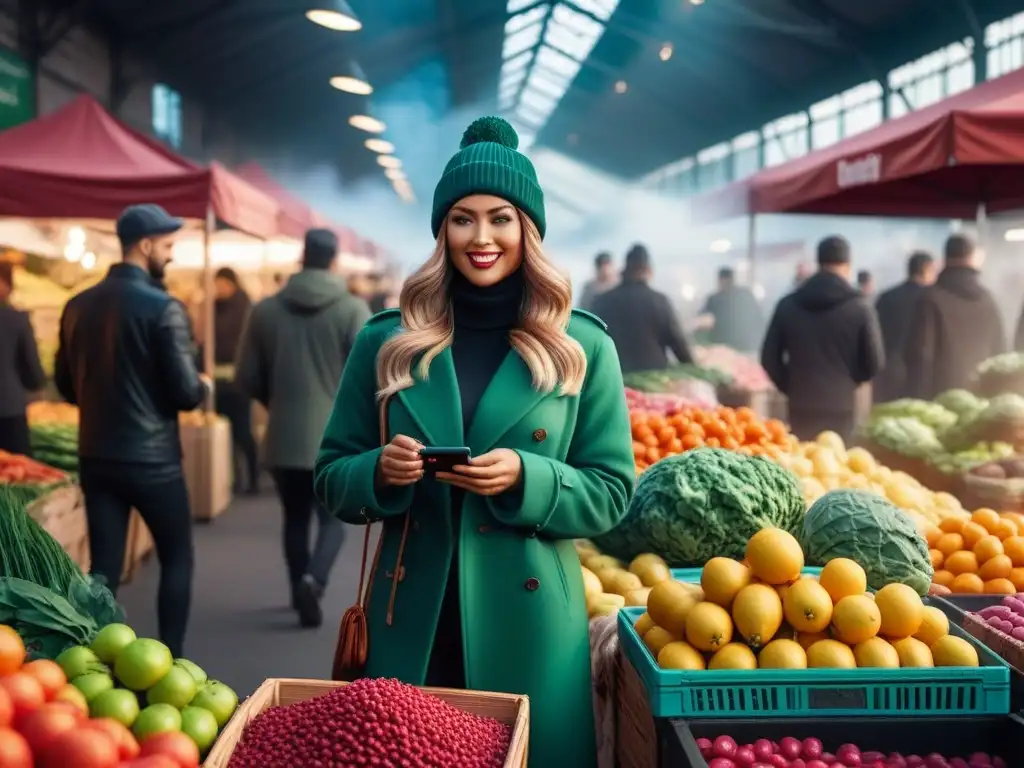 Un mercado vegano bullicioso y colorido, reflejando las tendencias en consumo de productos veganos