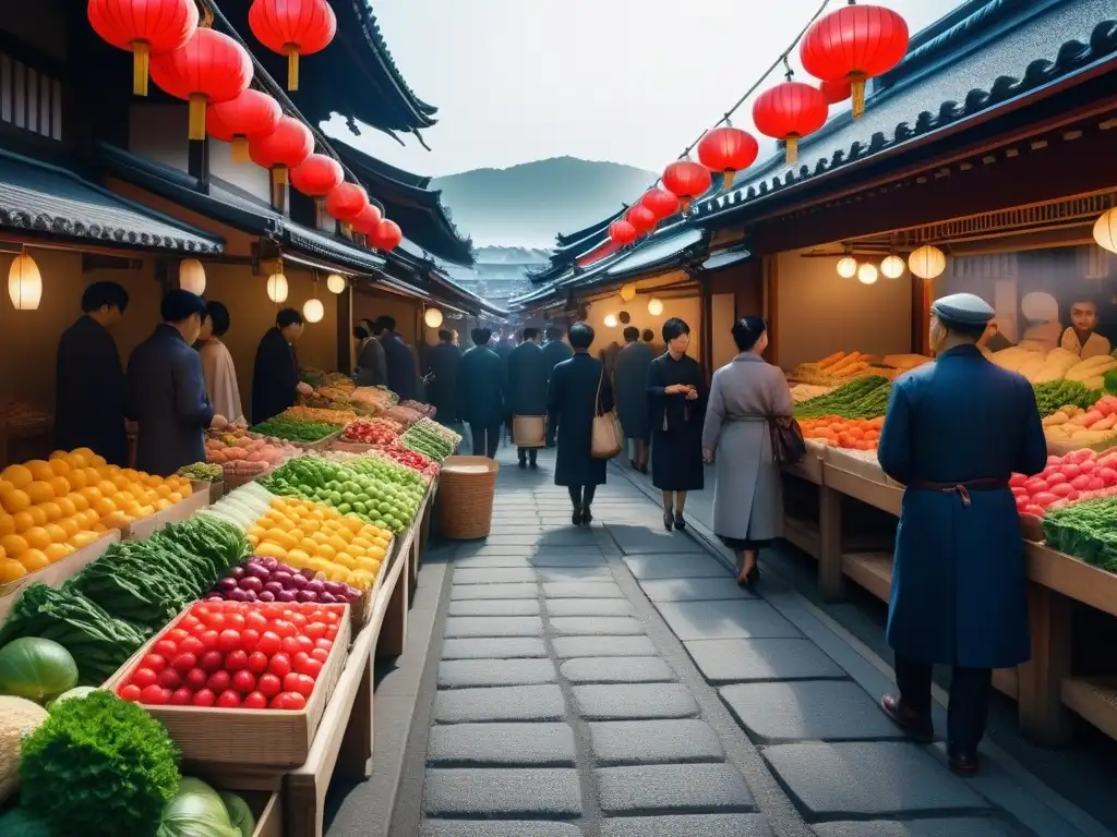 Un mercado vegano bullicioso en Kyoto: coloridas frutas y verduras, productos artesanales y prácticas sostenibles