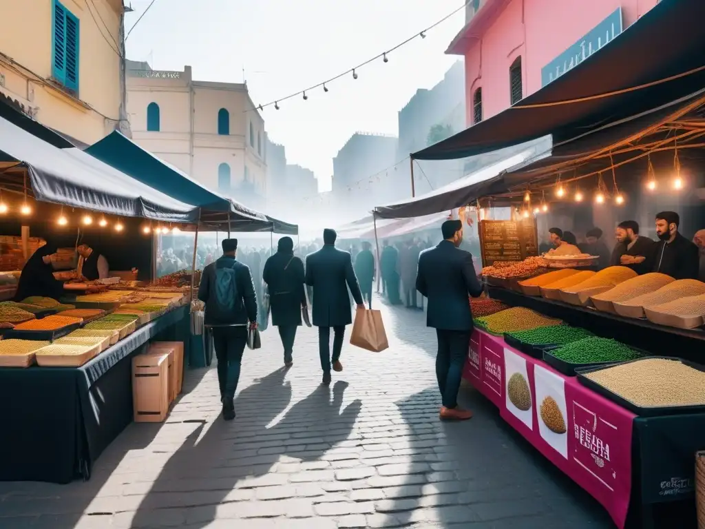 Un mercado vegano bullicioso en Medio Oriente con coloridos puestos y comida tradicional