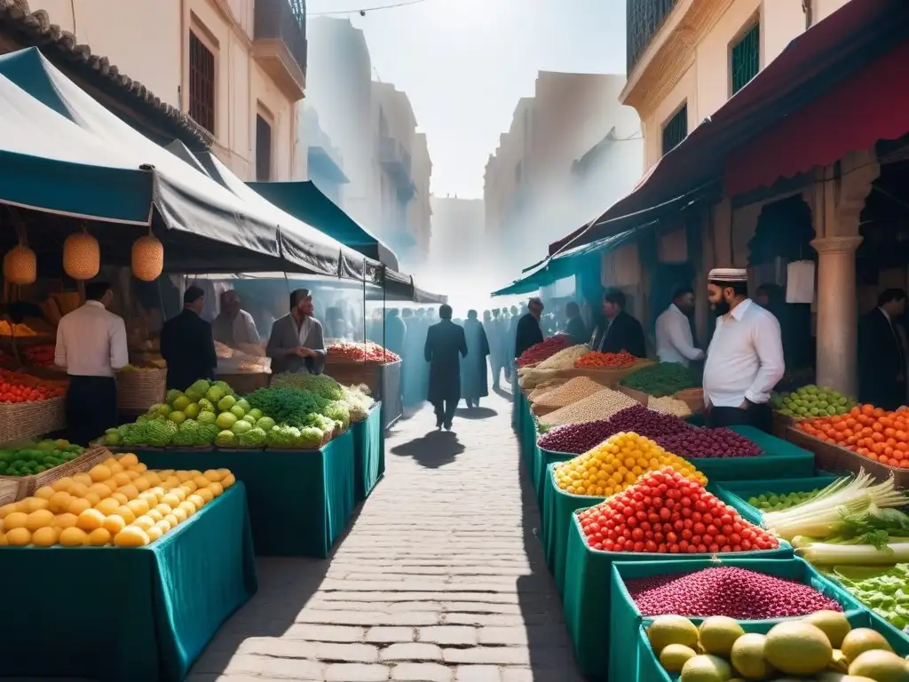 Mercado vegano bullicioso en Oriente Medio, con coloridas paradas de frutas y verduras frescas, productos a base de plantas y artesanías