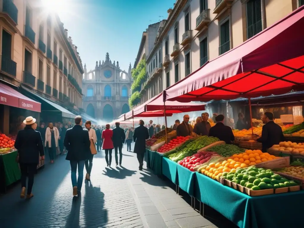 Un mercado vegano bullicioso en Barcelona, España, con puestos coloridos repletos de productos frescos bajo el sol brillante