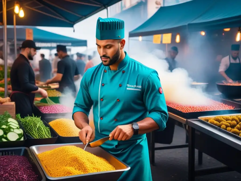 Mercado vegano bullicioso con tendencias cocina vegana próxima década en pleno auge: platos coloridos, chefs expertos y clientes entusiasmados