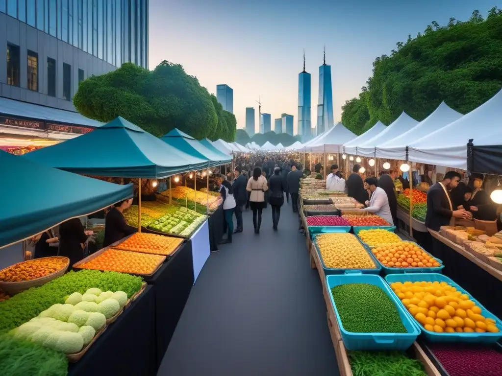 Mercado vegano en la ciudad: opciones gastronomía mundial entre frutas frescas y platos veganos, fusionando sabores y culturas