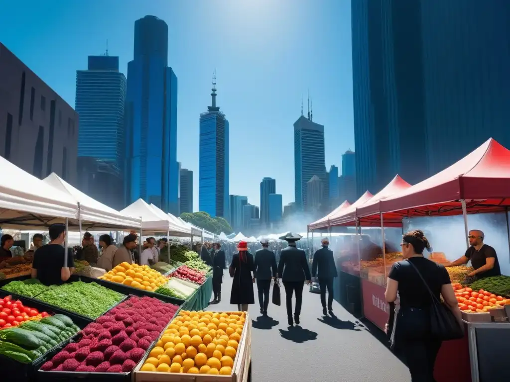 Mercado vegano en Sydney, Australia, con coloridos puestos de frutas, verduras y platillos veganos, rodeado de rascacielos y cielo azul