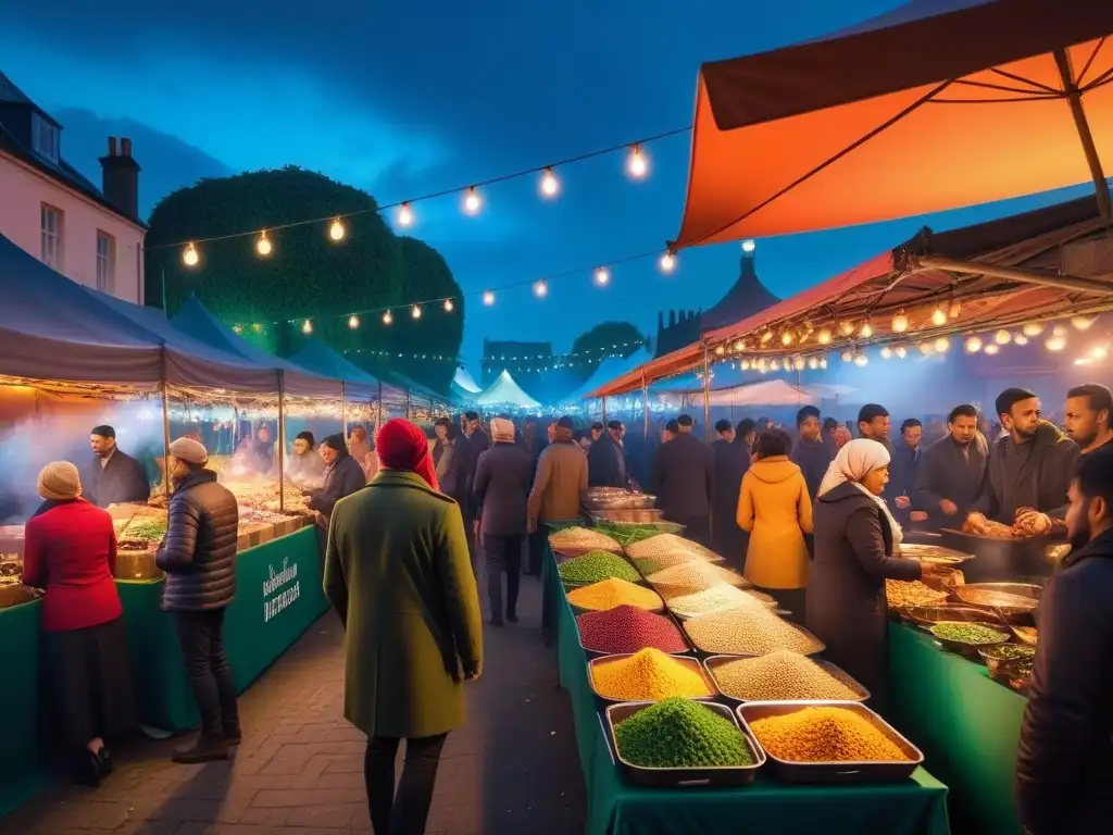 Mercado vegano exótico en fiesta nocturna con puestos de comida coloridos iluminados por luces de hadas y músicos de fondo